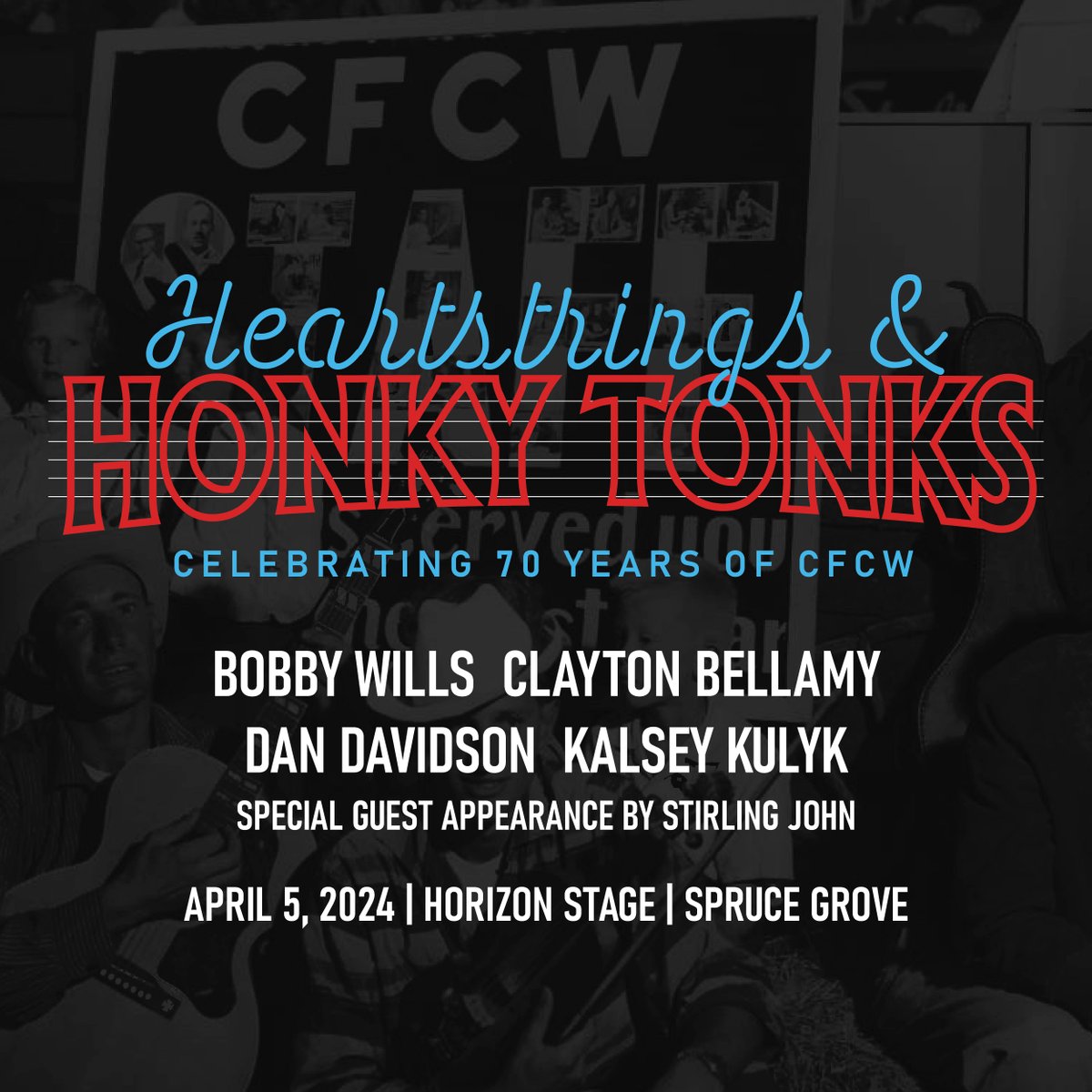 Join us on April 5th at Horizon Stage as we celebrate 840 CFCW's 70th birthday with The Heartstrings & Honky Tonks series! 🎉 Tickets will go on sale tomorrow. #CFCW70
