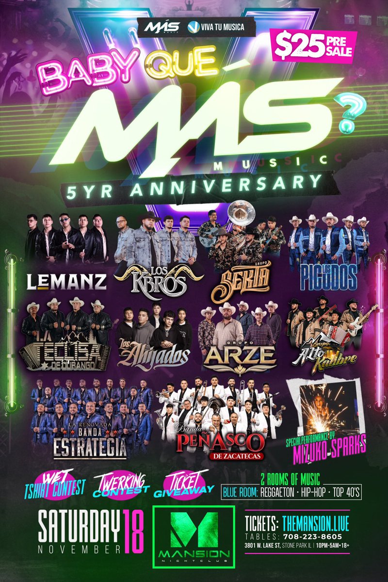mansionlive3801's tweet photo. 🎉 Más fiesta, más banda, MÁS MUSIC 5yr anniversary party! 
Vámonos a celebrar a lo grande! 🎶

Lemanz, Los Kbros, Grupo Sekta, Los picudos y muchos más!
💥Sábado, 18 de Noviembre
💥$25 Pre Sale

No te lo pierdas! 🎟 Boletos y mesas en https://t.co/xggmP9SNna https://t.co/kSsPNkP1eW