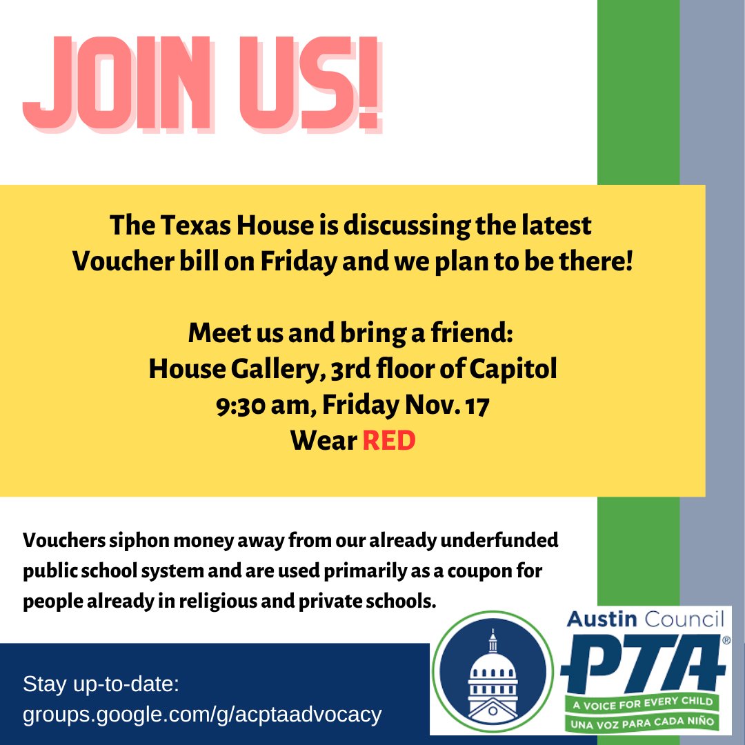 Wear RED and join us in the Texas House Gallery (3rd floor of Capitol) any time you can tomorrow to help us show support for our underfunded public schools. Bring a friend, y'all! #txlege #txed #NoVouchers #publiceducationmatters