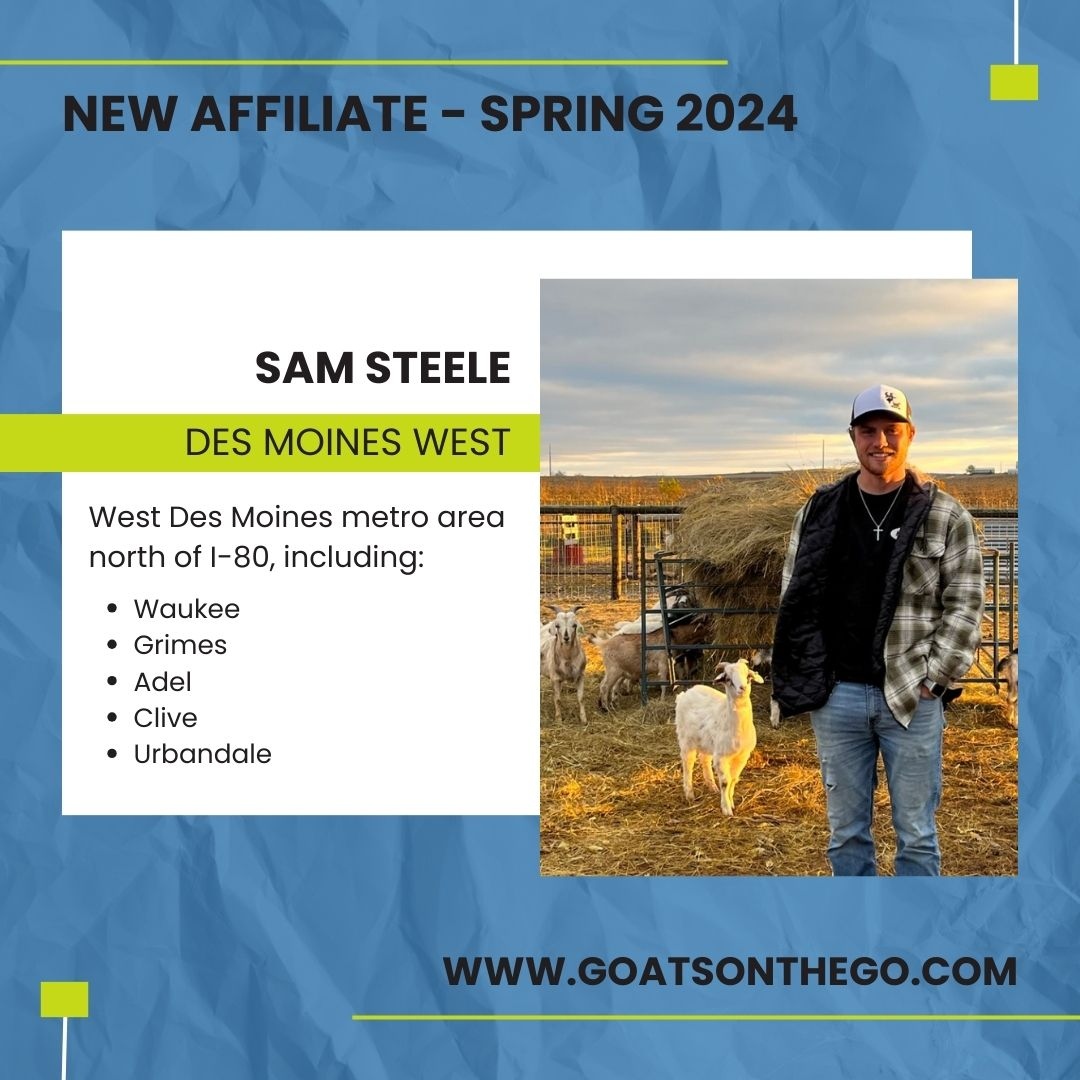 Give a warm welcome to Sam Steele, the newest addition to the Goats On The Go® family!👏 He'll be spearheading operations in the West Des Moines metro area starting spring 2024. Welcome Sam!🐐💚

Hire Sam or any of our other affiliates at goatsonthego.com!
