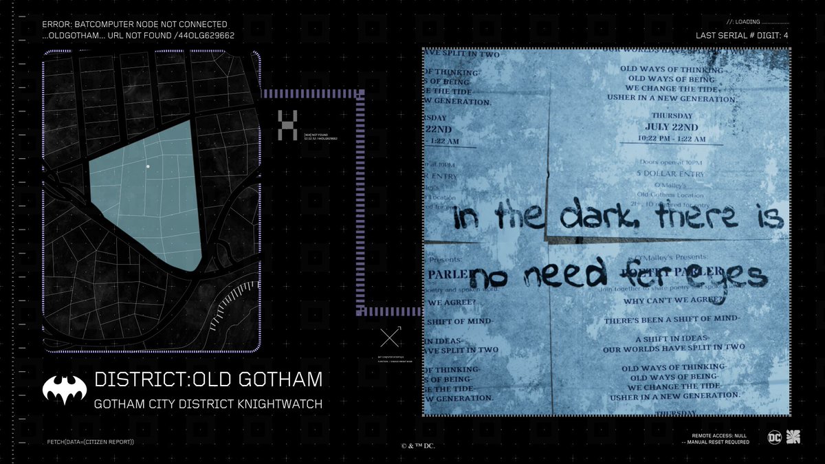 FROM: BATCOMPUTER ATTN: ALL GCDK PATROLS REINITIALIZATION COMPROMISED MANUAL RESET REQUIRED: OLD GOTHAM URL CLUE PROVIDED IN THIS ALERT USE CAUTION WHEN APPROACHING #GCDK