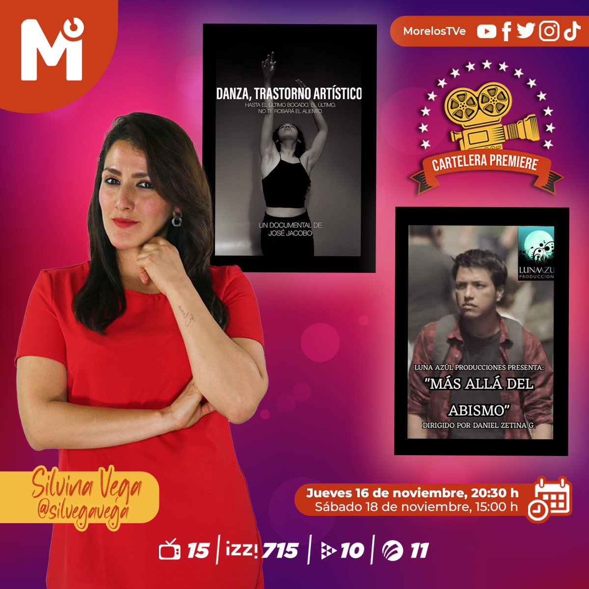 CanalQuinceTV's tweet photo. 📽️ No te pierdas esta noche #CarteleraPremiere con Silvina Vega  🎞️

Nos acompañan el director José Jacobo con su documental "Danza, Trastorno Artístico” y el director Daniel Zetina nos presenta dos de sus cortometrajes “más allá del abismo” y “La receta”. https://t.co/tzKdEUuXJR