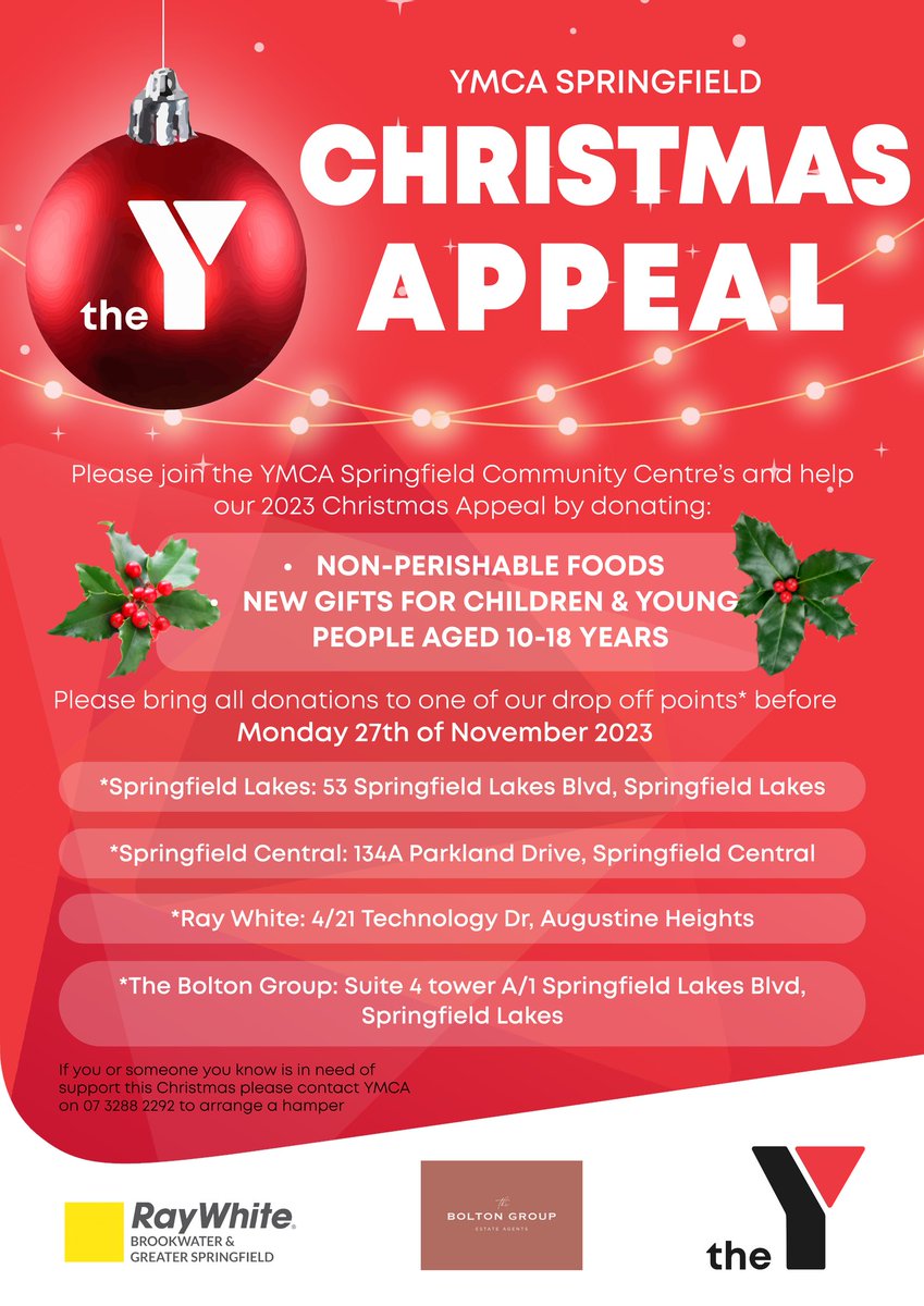YMCA Springfield Lakes Community Centre & YMCA Springfield Central Community Centre have kicked off their 2023 Greater Springfield XMAS Appeal 🎄 Non-perishable food for hampers or new gifts for kids can be dropped off by Mon 27 Nov to a location provided in the poster below 👇