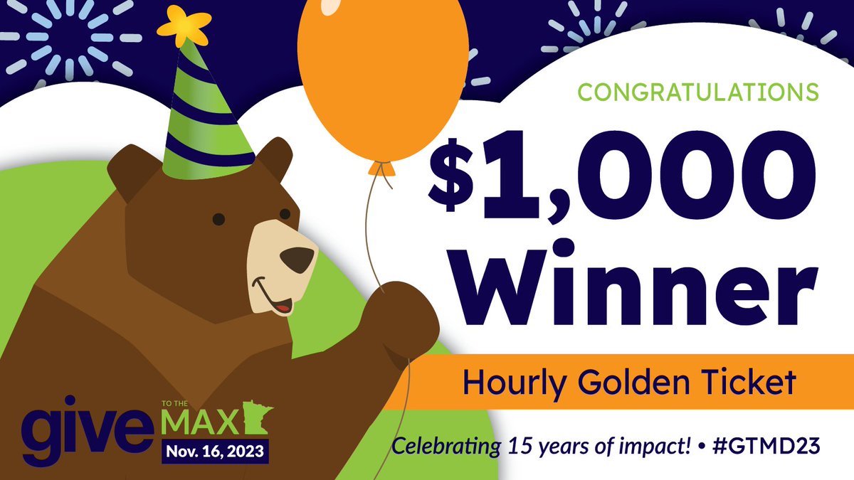 Last hour’s $1,000 Hourly Golden Ticket has been drawn! Congratulations to @WRCMN. Thanks to one of your generous donors, we’ll be adding $1,000 to your #GTMD23 campaign! See all winners: give.mn/prizewinners-2…