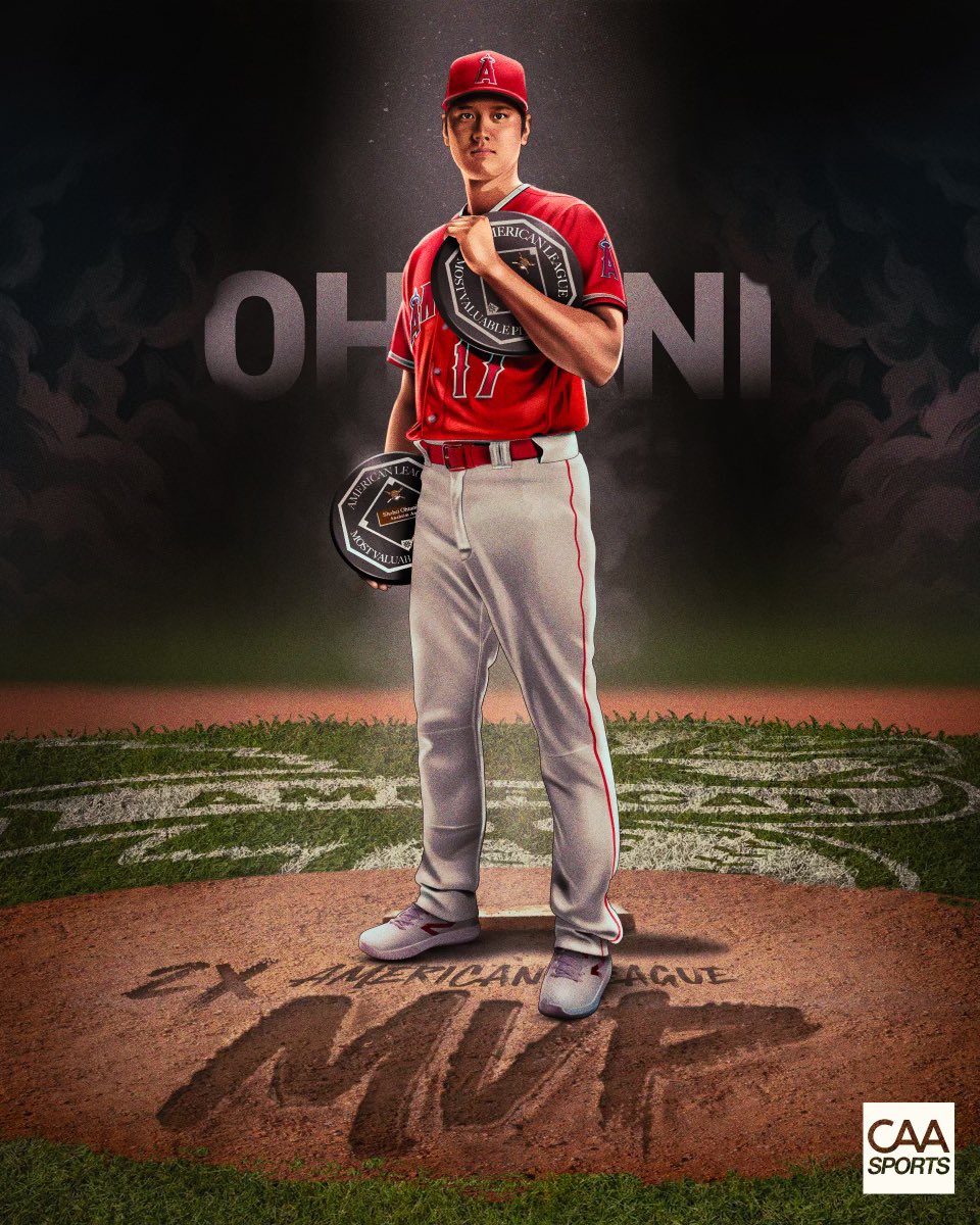 CAA_Baseball's tweet photo. For the second time in the last three seasons, Shohei Ohtani is the American League MVP! 🏆

Shohei is the first player to win MVP unanimously more than once 👀 https://t.co/m1c8sTACyi