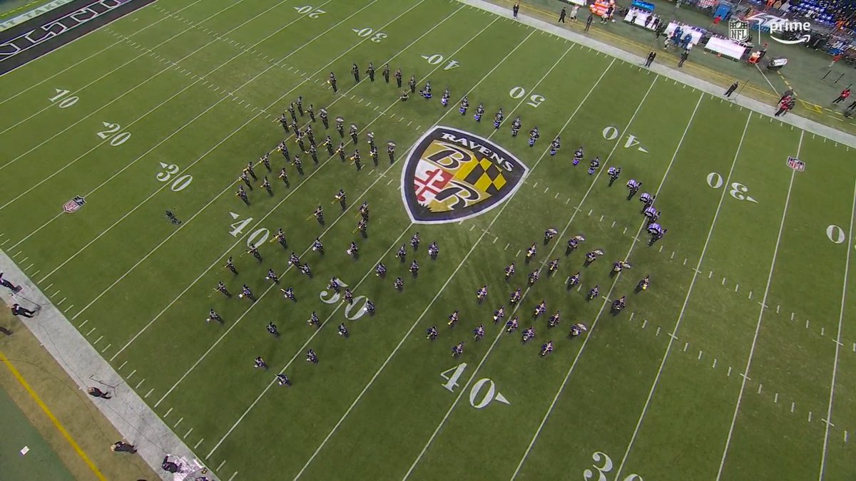 NFLonPrime's tweet photo. We see you with the #TNFonPrime shield formation, @Ravens marching band! https://t.co/2OMHr2lm8G