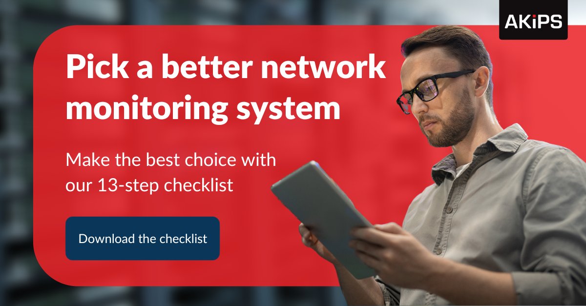 AKIPS_Software's tweet photo. If your network monitoring system can't give you full network visibility, or detect outages quickly, it's time to change. 
Use our checklist to pick a solution that’ll reassure company leaders and protect your network:
https://t.co/QUKwIl7v6M  
#AKIPS https://t.co/hqU04GF5KJ