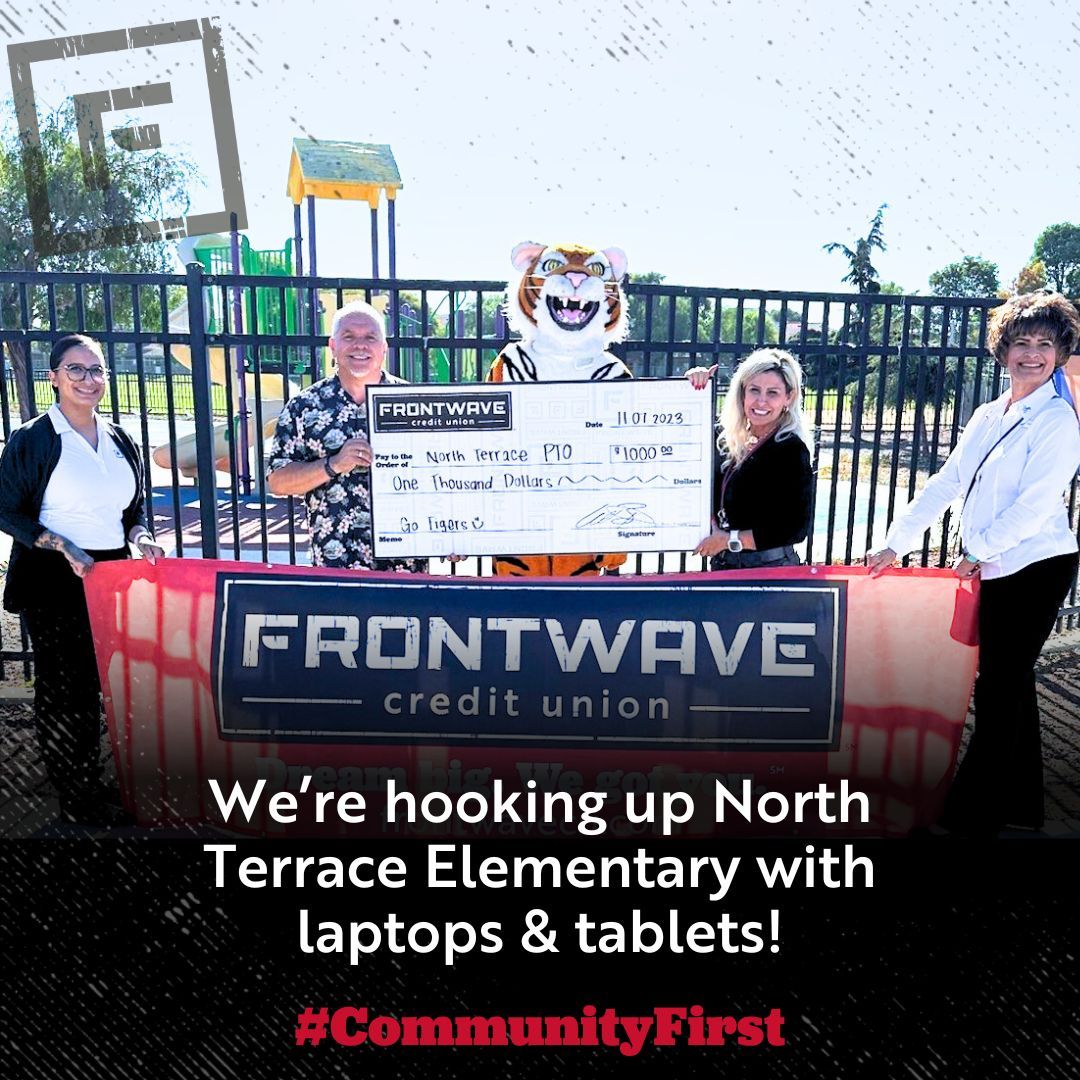 FrontwaveCU's tweet photo. Education is a gateway to success, and #FrontwaveCU is committed to ensuring every student has the tools they need to succeed. That's why we're proud to donate funds to North Terrace Elementary School to help them purchase tablets and laptops for their students. https://t.co/9TZ18kStiL