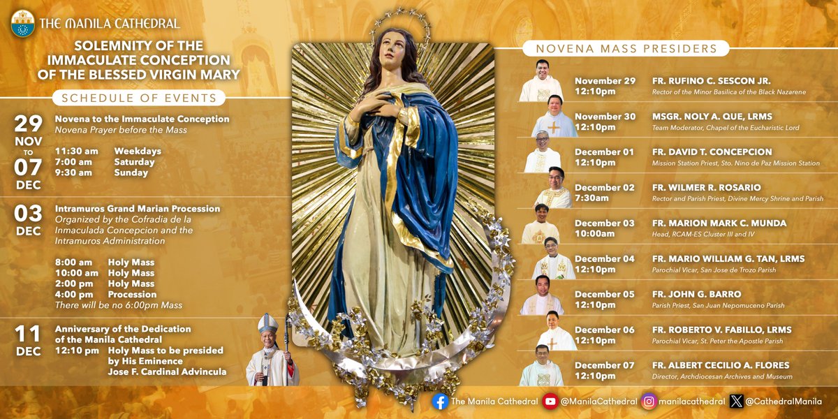 CathedralManila's tweet photo. FIESTA NOVENA MASSES
The Manila Cathedral is glad to welcome our Jubilarian Priests from the Archdiocese of Manila as our Novena Mass presiders. We wish to see you all at the Mother Church as we prepare to celebrate the Solemnity of the Immaculate Conception. https://t.co/itrVjQQTM4