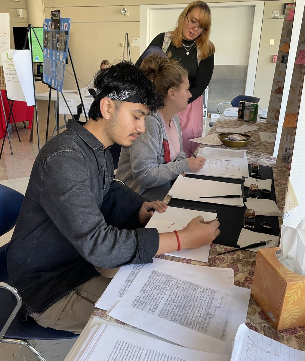 PlattsHistory's tweet photo. Here are some photos of #SUNYplattsburgh students enjoying practicing cursive handwriting at the Fall 2023 CFS Showcase held in the ACC. The Freshmen Seminar is “Handwriting for the Humanities” &amp; is taught by Professor Sylvie Beaudreau of the SUNY Plattsburgh History Department. https://t.co/VefF1rI1Ak