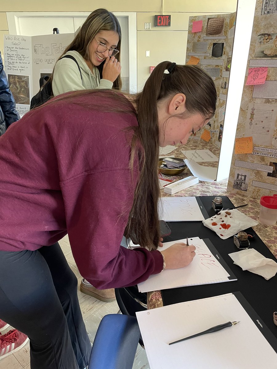 PlattsHistory's tweet photo. Here are some photos of #SUNYplattsburgh students enjoying practicing cursive handwriting at the Fall 2023 CFS Showcase held in the ACC. The Freshmen Seminar is “Handwriting for the Humanities” &amp; is taught by Professor Sylvie Beaudreau of the SUNY Plattsburgh History Department. https://t.co/VefF1rI1Ak