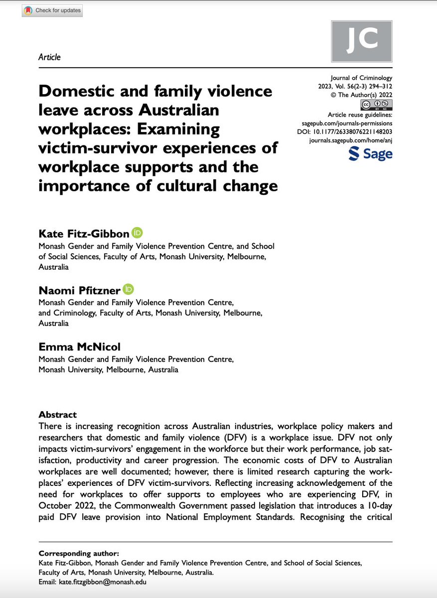 Centring victim-survivor voices, @Kate_FitzGibbon, @Naomi_Pfitzner & @mcnicol_emma explore what is needed to ensure new paid DFV leave provisions are embedded effectively across Australian workplaces. This article is OPEN ACCESS! Read it @JournalofCrim rb.gy/fx3tw