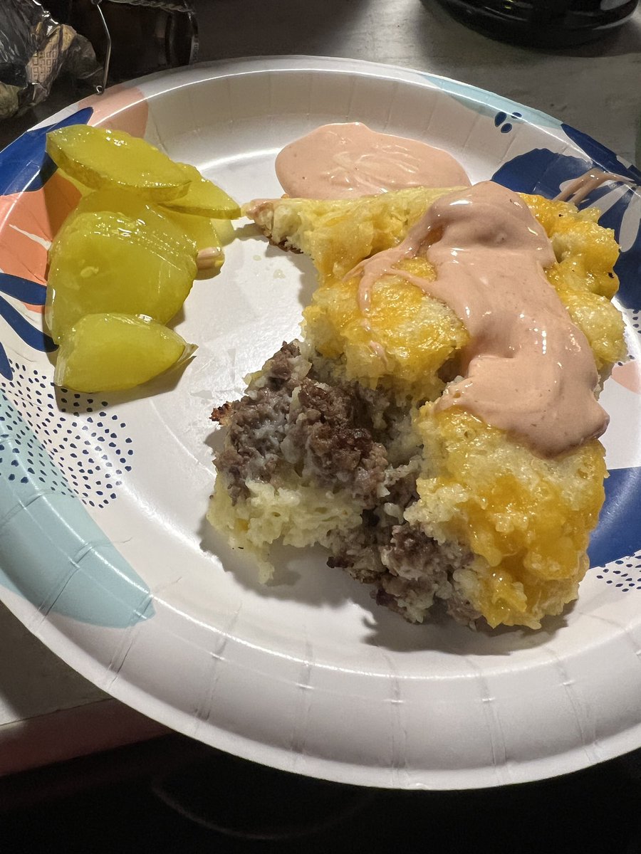 Gnomadiclife's tweet photo. Cheeseburger pie with pickles and fry sauce cooked in cast iron. Recipe from @thepioneerwoman #rvcooking #rvlife #Foodie https://t.co/sky2ATh3RT