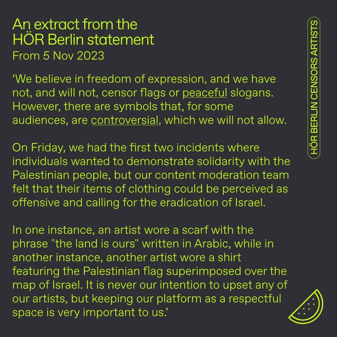jennineak's tweet photo. HÖR Berlin, a DJ platform in a converted bathroom, has been stopping artists showing support for the liberation of Palestine. They’ve said they don’t allow ‘controversial’ symbols, only ‘peaceful’ ones. It’s clear that the exception here is Palestine: https://t.co/tXfAxty8iQ