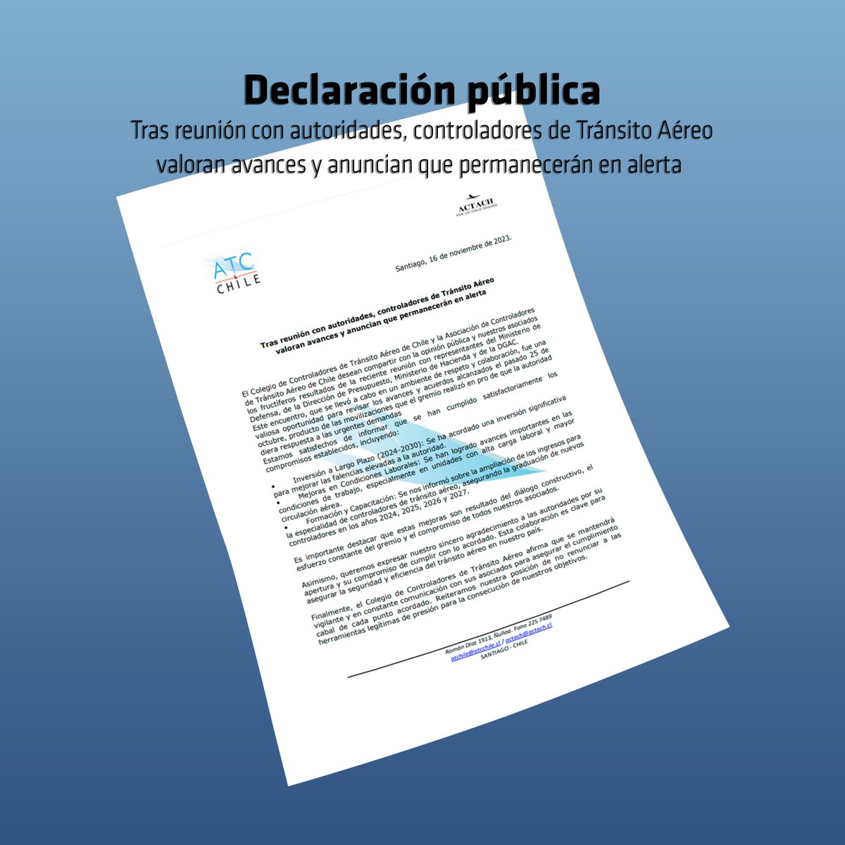 ColegioATCChile's tweet photo. Hoy junto a @ACTACH23 queremos compartir los fructiferos resultados de la reunión junto a Representantes del @mindefchile, dirección de presupuesto, ministerio de hacienda y @DGACChile

#ControladoresOrganizados #ControladoresMovilizados #SeguridadAerea #NOTICIASCOLEGIOATC https://t.co/ZUkv8KBiiL