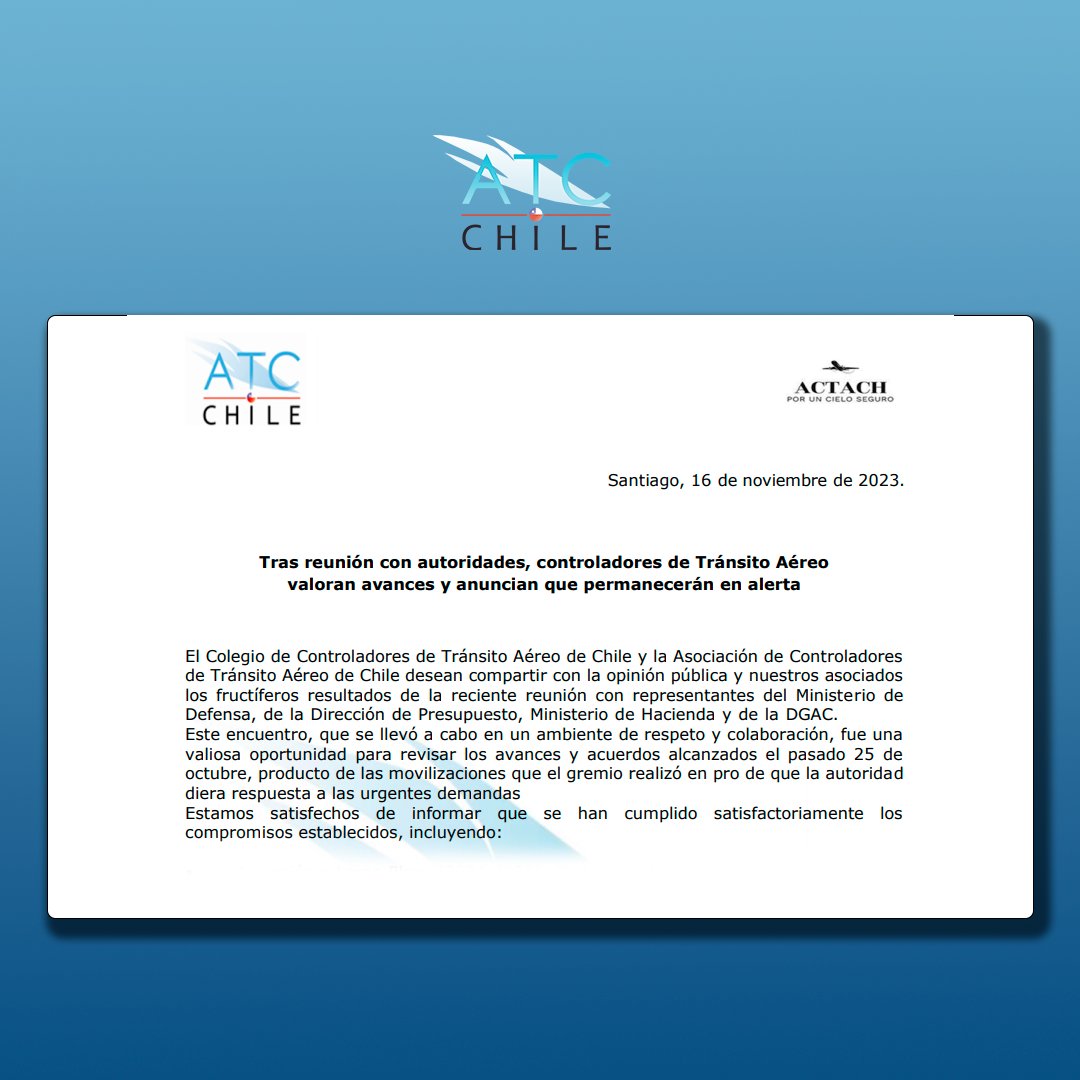 ColegioATCChile's tweet photo. Hoy junto a @ACTACH23 queremos compartir los fructiferos resultados de la reunión junto a Representantes del @mindefchile, dirección de presupuesto, ministerio de hacienda y @DGACChile

#ControladoresOrganizados #ControladoresMovilizados #SeguridadAerea #NOTICIASCOLEGIOATC https://t.co/ZUkv8KBiiL