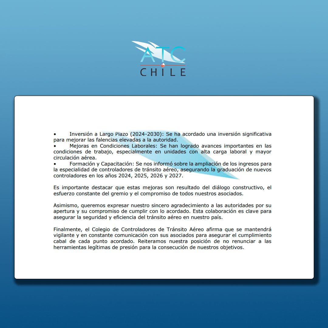 ColegioATCChile's tweet photo. Hoy junto a @ACTACH23 queremos compartir los fructiferos resultados de la reunión junto a Representantes del @mindefchile, dirección de presupuesto, ministerio de hacienda y @DGACChile

#ControladoresOrganizados #ControladoresMovilizados #SeguridadAerea #NOTICIASCOLEGIOATC https://t.co/ZUkv8KBiiL