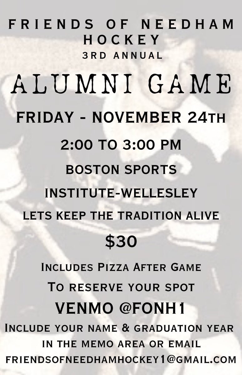 FONH_Needham's tweet photo. Join us on November 24 for 2 great events: 

- youth clinic with players Needham HS boys and girls teams
- 3rd annual NHS hockey alumni game for boys &amp; girls 🚀🏒🥅 https://t.co/coDRMqPF1I