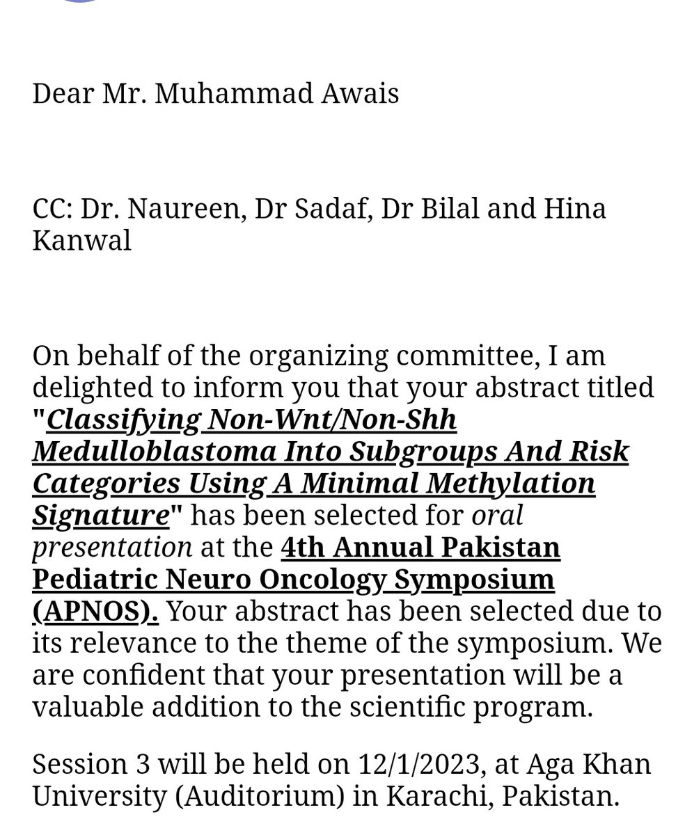 Muhammad Awais Khan (@__awaiskhan_) on Twitter photo πSuper excited to present our research at the 4th Annual Pediatric Neuro-oncology symposium (#4APNOS) at <a href="/AKUGlobal/">Aga Khan University</a> next month. Eager to meet seniors and colleagues, and get invaluable feedback from experts in the field.
<a href="/pmlabpk/">Precision Medicine Lab</a> <a href="/MushtaqNaureen/">Naureen Mushtaq</a> <a href="/AtherEnam/">Syed Ather Enam</a> <a href="/KMC_pesh/">Khyber Medical College Peshawar</a> <a href="/KMC_SIG/">Surgery Interest Group - KMC</a> πSuper excited to present our research at the 4th Annual Pediatric Neuro-oncology symposium (#4APNOS) at <a href="/AKUGlobal/">Aga Khan University</a> next month. Eager to meet seniors and colleagues, and get invaluable feedback from experts in the field.
<a href="/pmlabpk/">Precision Medicine Lab</a> <a href="/MushtaqNaureen/">Naureen Mushtaq</a> <a href="/AtherEnam/">Syed Ather Enam</a> <a href="/KMC_pesh/">Khyber Medical College Peshawar</a> <a href="/KMC_SIG/">Surgery Interest Group - KMC</a>