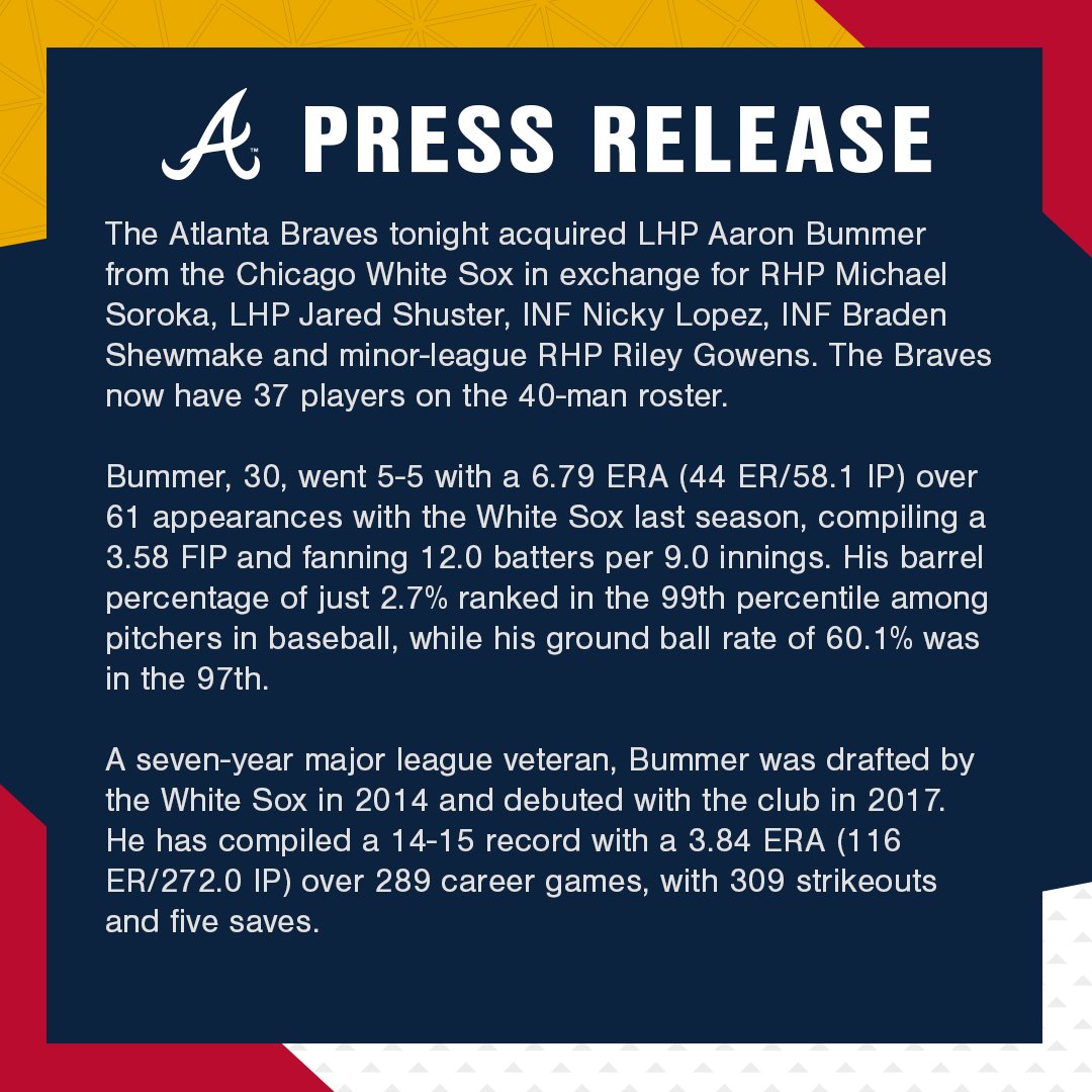 Braves's tweet image. The Atlanta #Braves tonight acquired LHP Aaron Bummer from the Chicago White Sox in exchange for RHP Michael Soroka, LHP Jared Shuster, INF Nicky Lopez, INF Braden Shewmake and minor-league RHP Riley Gowens: