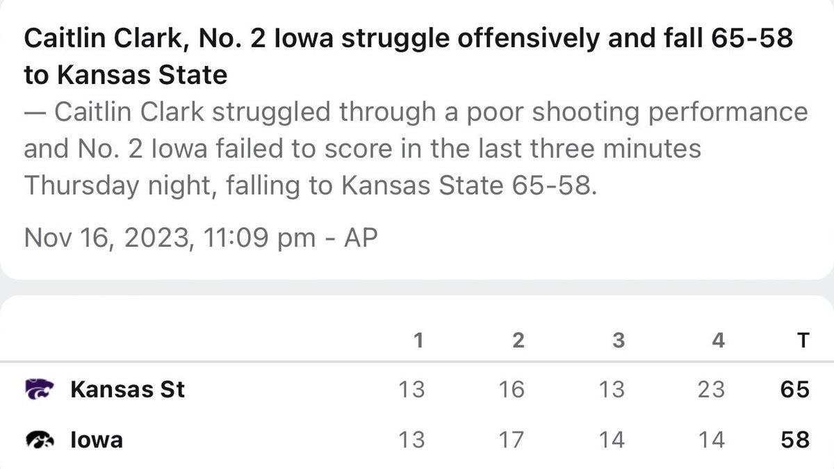 evernice03's tweet photo. Will Caitlin Clark and the No. 2 Iowa Hawkeyes for their upset loss to unranked Kansas State be trolled in the same way Angel Reese and the No. 1 LSU Tigers were when upset by unranked Colorado? Clark shot 28% from the floor &amp; 13% from 3; she looked overwhelmed. https://t.co/MGTKtjs8xT