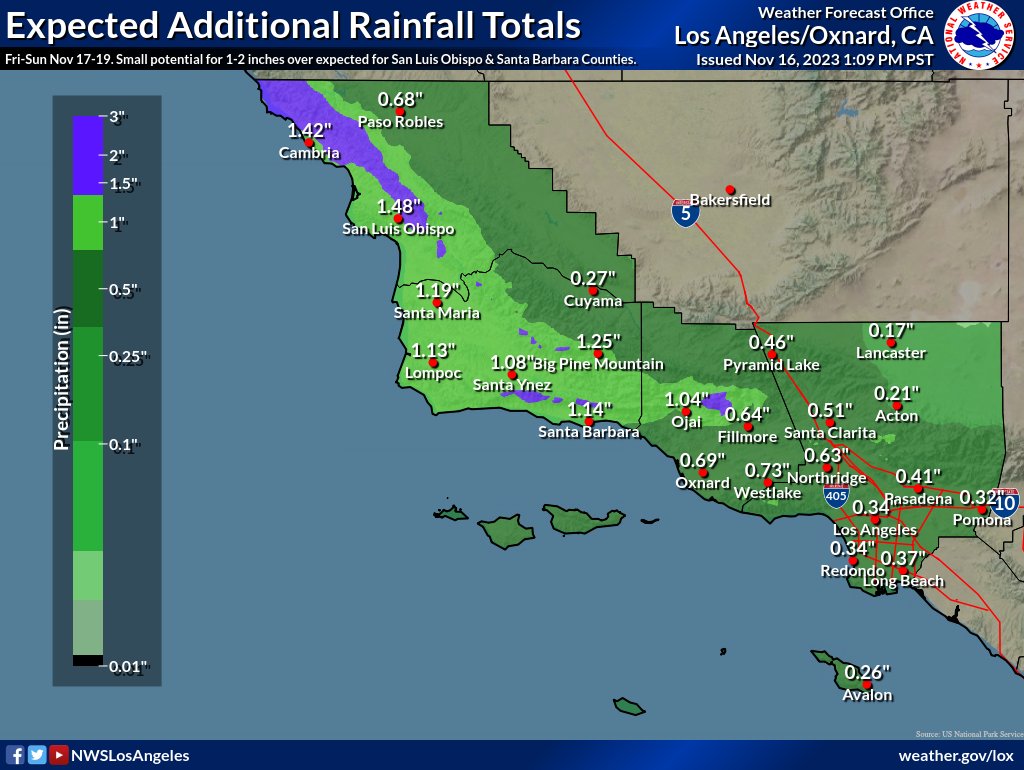 NWSLosAngeles's tweet photo. Here's another look at how much more rain we expect to receive with this storm. Amounts may exceed these values by 1-2 inches up north, with much lower totals expected for LA Co. Portions of the area will also see gusty south winds Friday. #socal #cawx #cawind #carain https://t.co/20HFMP8GmE