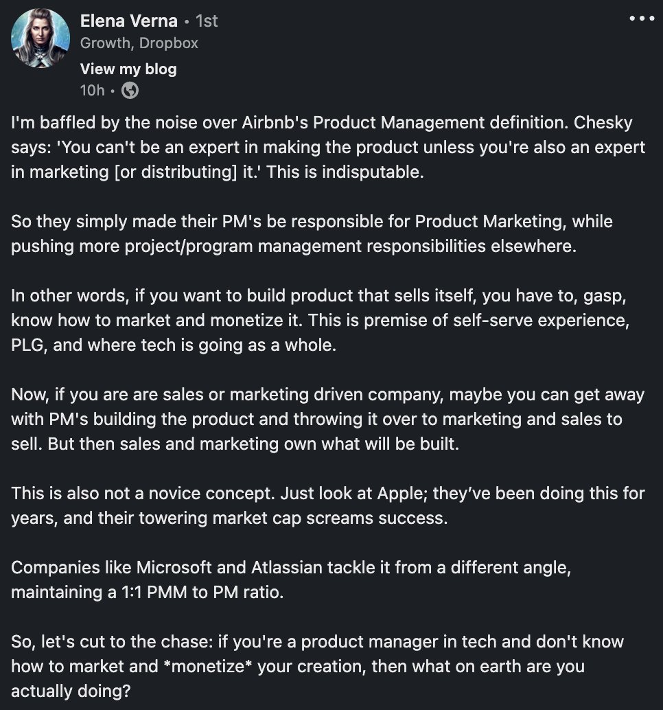 Really good take on the Airbnb PM stuff. 'If you're a product manager in tech and don't know how to market and *monetize* your creation, then what on earth are you actually doing?'