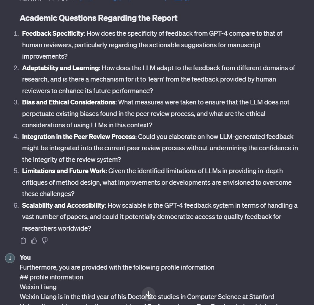 JieWang_ZJUI's tweet photo. Before attending #ACEtalk from #MSRA, I used ChatGPT to analyze the potential issue within the 'Can large language models provide useful feedback on research papers? A large-scale empirical analysis.'
I have been ready for a profound industrial study! https://t.co/sFPvjYhjYy