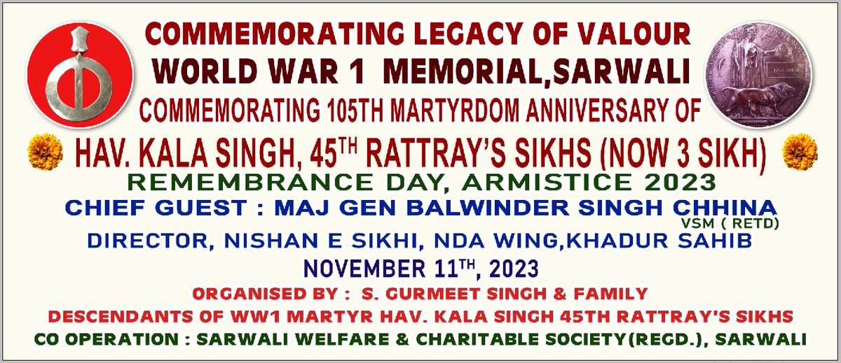 Bhattihsingh's tweet photo. @UKinChandigarh @UKDefenceIndia @UKinIndia @FCDOGovUK Only One Commemoration Event in Punjab at Our Village Remembering Our Great Grandfather Hav Kala Singh 45th Rattray's Sikhs, WW1 Martyr on 105th Martyrdom Anniversary. Maj Gen Balwinder Singh Chhina VSM Retd was Chief Guest . #RemembranceDay 105th #Armistice 2023. https://t.co/UFeXeGrQRT
