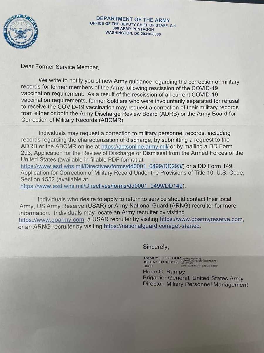 DC_Draino's tweet photo. 🚨NEW: US Army sending letters to former troops saying that in light of the removal of the Covid-19 vaccine requirement, they can now apply to get their reasons for discharge changed

This means derogatory remarks or dishonorable discharges can now potentially be removed or reversed

The Army is also inviting unvaccinated troops back into the military

This is a huge reversal of Biden’s tyrannical military vaccination policy that was finally put to an end by Republicans in Congress

A rare win for the good guys