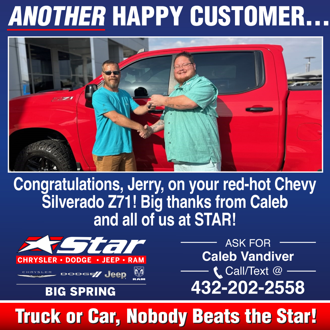 BigSpringCDJR's tweet photo. How sweet is Jerry's red-hot Chevy Silverado Z71?? Nice! Thank you, Caleb, for showing him the #stardifference! Want to be a happy customer too? Call or text Caleb at 432-202-2558! https://t.co/aQWMACPQ3h