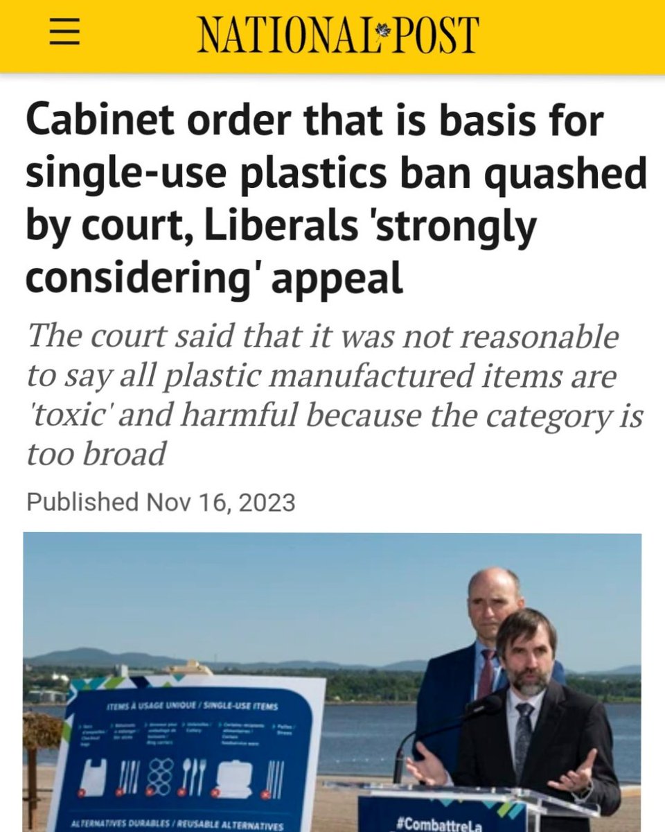 PierrePoilievre's tweet photo. Another humiliating defeat for Trudeau & his Environment Minister as their heavy-handed order to ban everyday plastics is ruled “unreasonable & unconstitutional.” 

Conservatives will keep fighting dumb policies like these, take real common sense action to protect our environment & give Canadians the freedom of choice they deserve.

https://t.co/EzWEpZG7aB