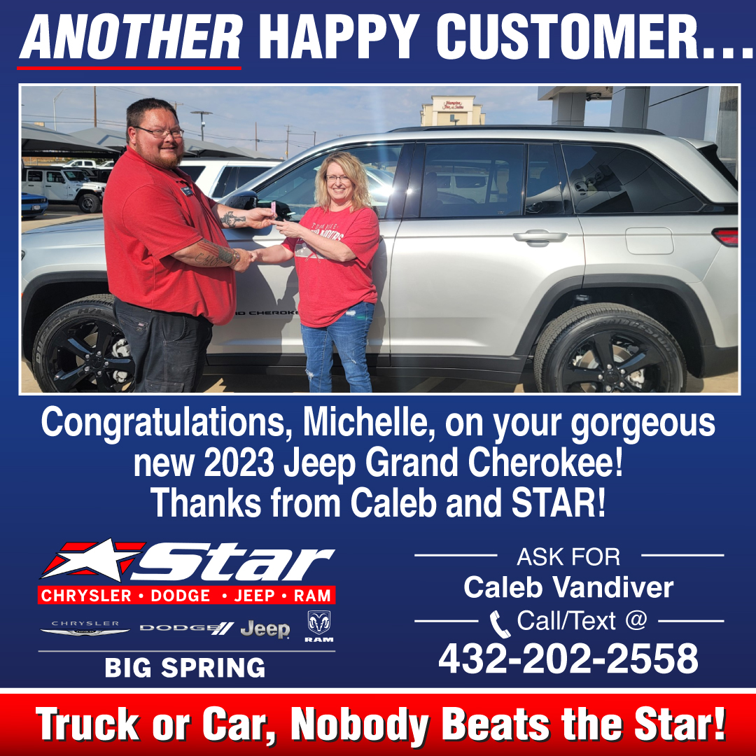 BigSpringCDJR's tweet photo. Michelle is the happy owner of a beautiful new Jeep Grand Cherokee! Congrats, Michelle...we know you'll love it! Shout-out to Caleb for making it happen! #stardifference https://t.co/LJdWfKyXmG