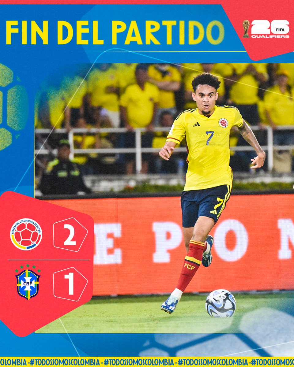 ¡Finaliza el partido! ¡Vaaaaamos Colombia! 

HISTÓRICO TRIUNFO DE NUESTRA SELECCIÓN COLOMBIAAAAA 💛💛💙❤️

🇨🇴 2-1 🇧🇷

#TodosSomosColombia🇨🇴