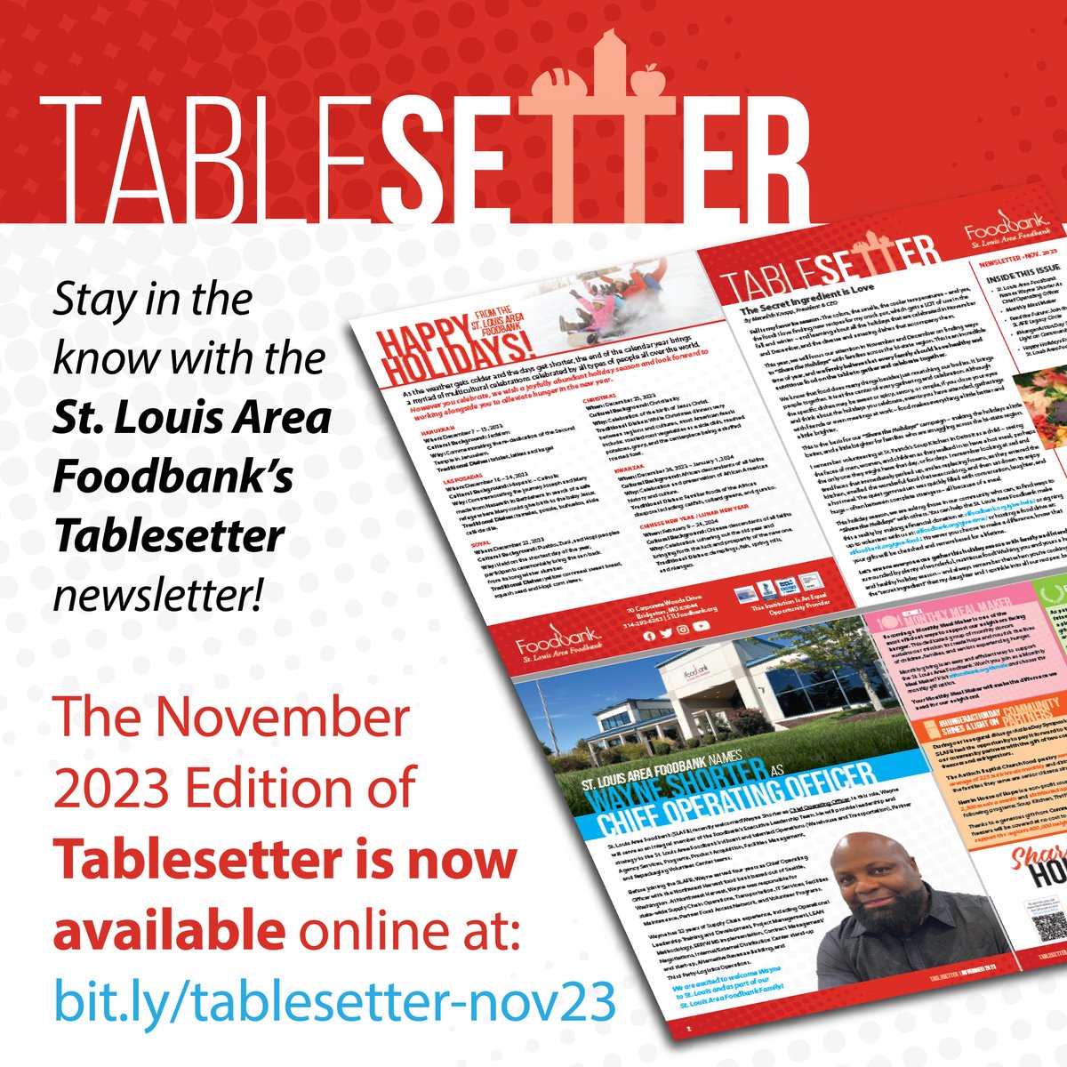 Stay in the know with the St. Louis Area Foodbank’s Tablesetter newsletter! In this edition, President & CEO, Meredith Knopp, discusses “Share the Holidays” and other opportunities to make a difference in the lives of neighbors this holiday season. bit.ly/tablesetter-no…