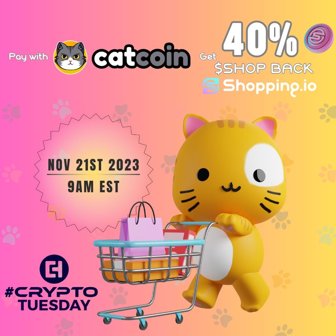Next Tuesday @shopping_io has a pawsome deal! Use $CATS when shopping, and get 40% $SHOP back! Only on #CryptoTuesday at shopping.io Use code 'CryptoTuesday2023' for 30%, then check out with your #Catcoin to unlock an extra 10% SHOP. #shopwithcrypto #shoppingio