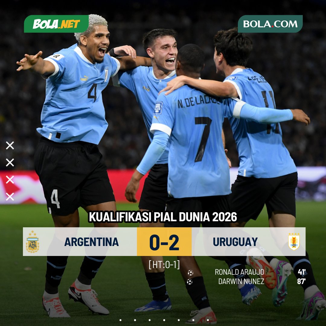 Bolanet's tweet photo. #LiveBolanet FT: Argentina 0-2 Uruguay | Possessions: 57%-43% | Shots: 6-4 | Fouls: 10-20

Uruguay Beri Kekalahan Perdana Sang Juara Dunia

#BolanetReview #Bldhen #Bolaneters #Conmebol #QWC #Argentina #Uruguay https://t.co/1z5gsqxia6