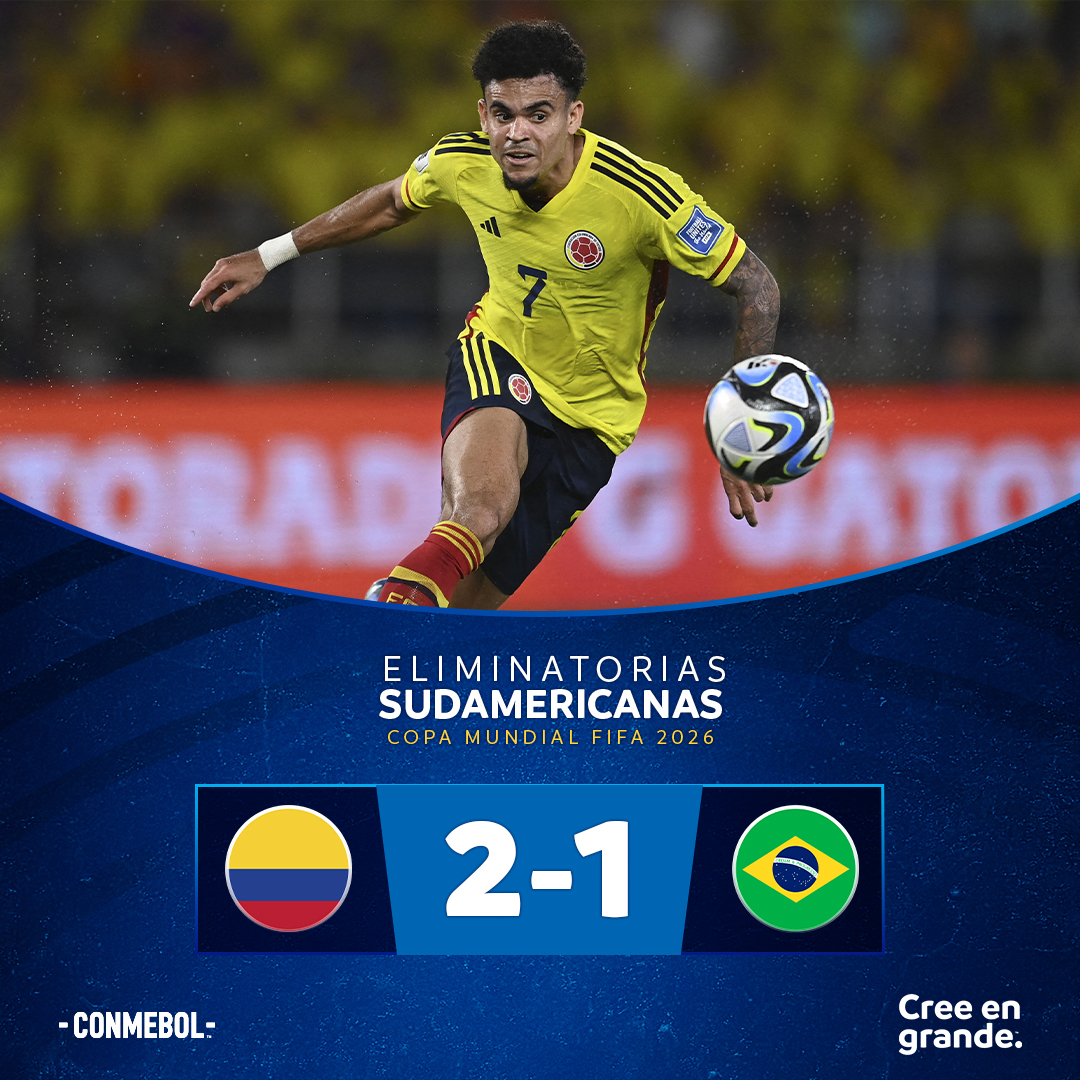 CONMEBOL's tweet photo. ¡Lo dio vuelta! ⚽🇨🇴 Con doblete de Luis Díaz,  @FCFSeleccionCol le ganó a @CBF_Futebol por 2-1 por la Fecha 5 de las #EliminatoriasSudamericanas 🏆

De virada! Com dois de Luis Díaz, a Colombia venceu a #Brasil pela Rodada 5 das #EliminatoriasSulAmericanas.

#CreeEnGrande #AcrediteSempre