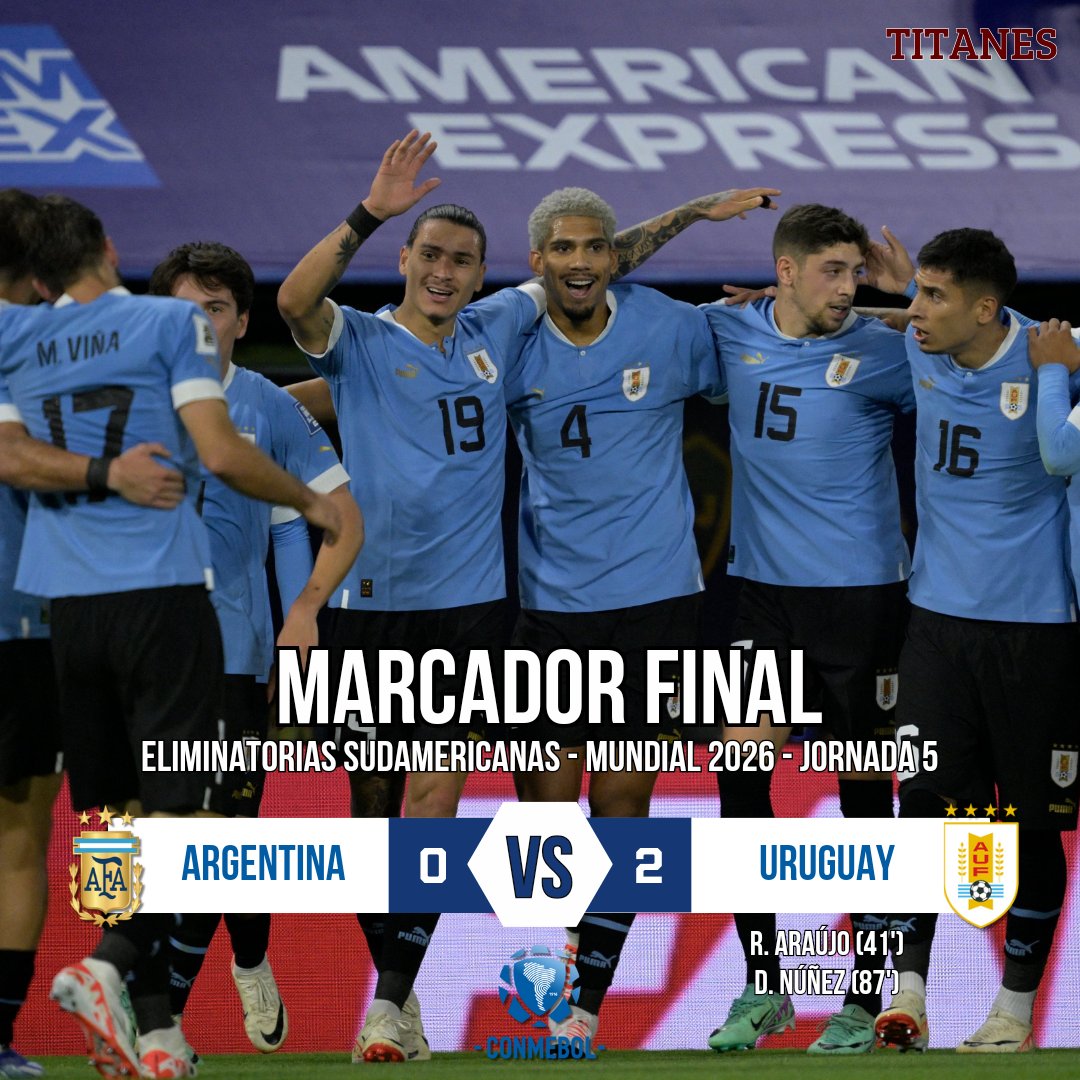 TitanesFutMX's tweet photo. ¡TRIUNFAZO URUGUAYO!
@Uruguay se metió a La Bombonera para derrotar 0-2 a @Argentina y llevarse los 3 puntos a casa. Uruguay llegó a 10 puntos y Argentina se quedó en el primer sitio con 12 unidades.
#Argentina #Uriguay #EliminatoriasSudamericanas #Titanes https://t.co/Py35vMEOFa