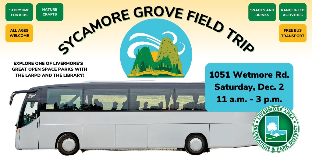 Explore w/ us &amp; #LARPD! on a field trip to #SycamoreGrovePark 1051 Wetmore Rd 12/2/23, 11am–3pm. Enjoy storytime, crafts, Ranger-led activities &amp; snacks. #AllAges welcome. Thanks 
larpd.org friendsoflivermorelibrary.org