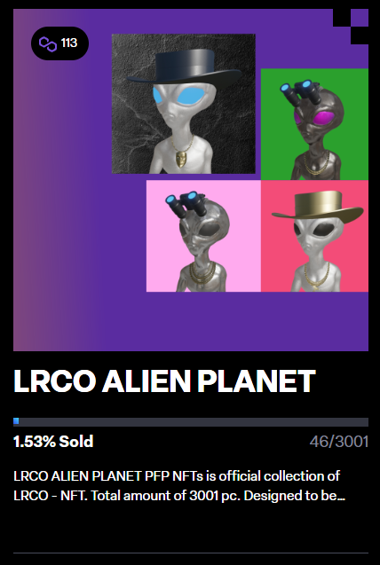 LrcoNft's tweet photo. LRCO ALIEN PLANET PFP NFTs is official collection of LRCO - NFT. Total amount of 3001 pc. Designed to be used as a profile picture on socials such as Twitter etc, or simply a profile picture that uses an image from an NFT collection. Aliens Among us!
#nft #polygon #alien https://t.co/CAclEtsV2e