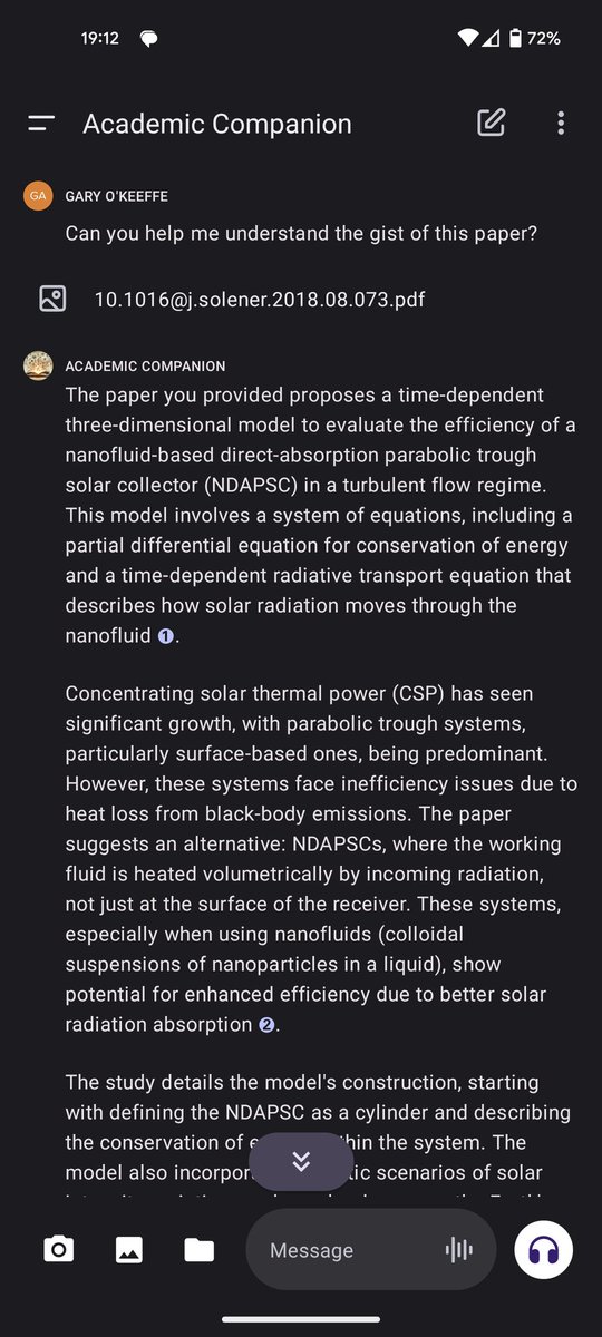 garyjokeeffe's tweet photo. Threw together a GPT for helping me read academic papers while on a call with @idassios. 

Wish I had this tool during my PhD. Feel free to play around with it here: https://t.co/7kC50jBZ2R all you need to do is upload a paper and start asking questions https://t.co/9KommKdStT