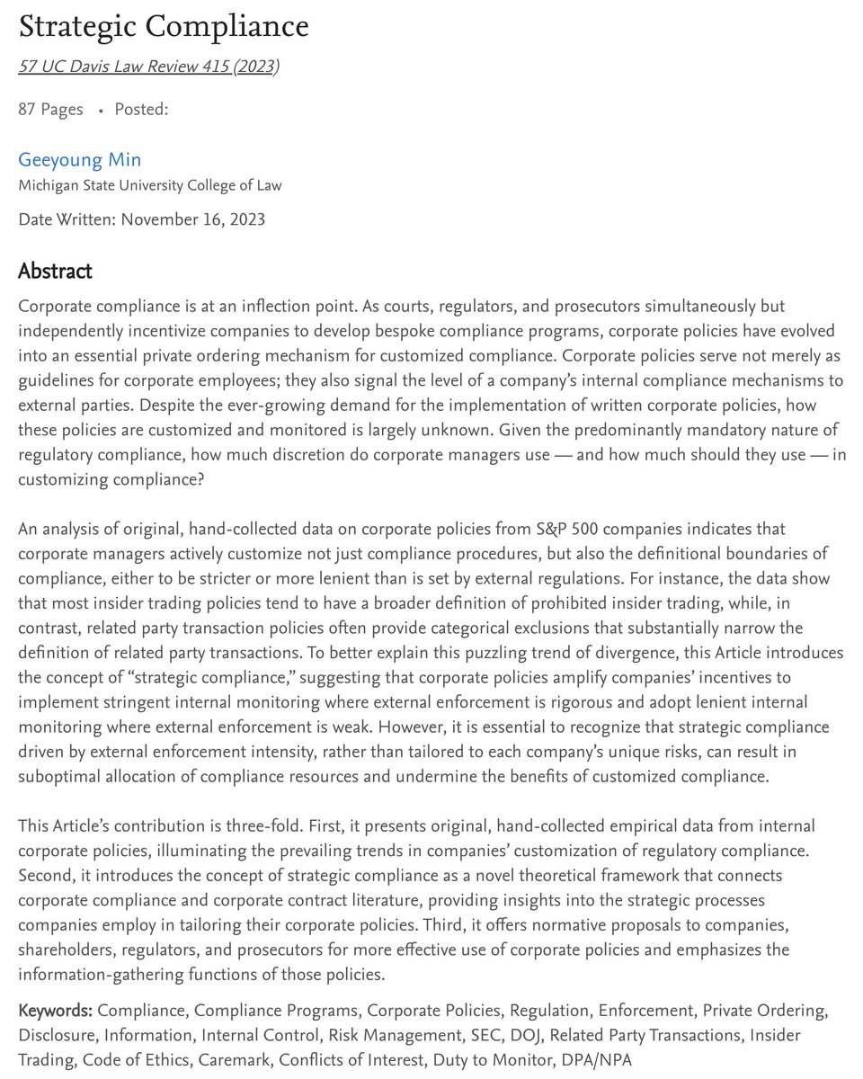 Geeyoung Min (@geeyoungmin) on Twitter photo Excited to share my new article on SSRN, analyzing the evolving landscape of corporate policy customization and how external enforcement plays a key role in shaping internal compliance strategies. papers.ssrn.com/sol3/papers.cf… Grateful to <a href="/UCDavisLRev/">UC Davis Law Review</a> for their excellent edits! Excited to share my new article on SSRN, analyzing the evolving landscape of corporate policy customization and how external enforcement plays a key role in shaping internal compliance strategies. papers.ssrn.com/sol3/papers.cf… Grateful to <a href="/UCDavisLRev/">UC Davis Law Review</a> for their excellent edits!