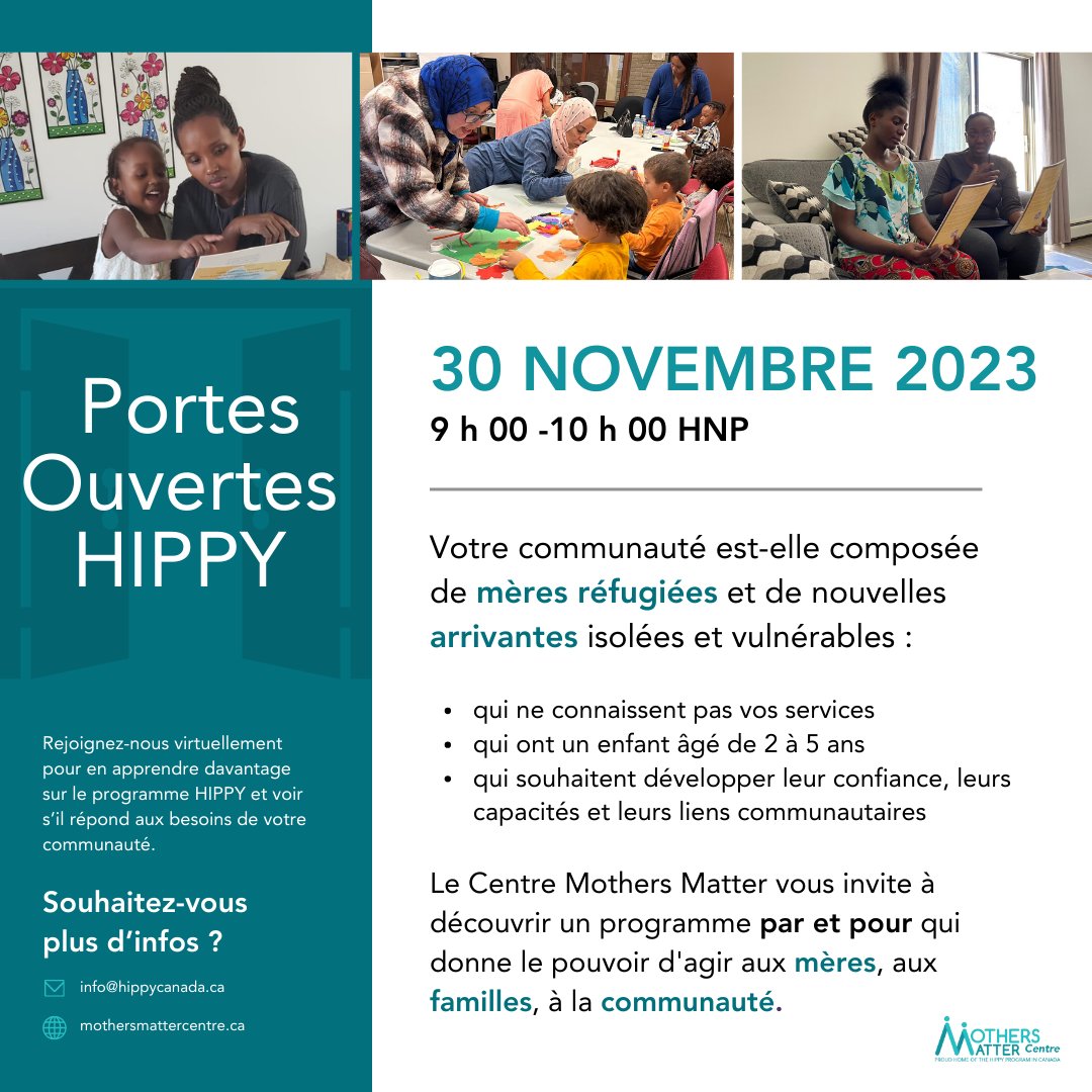 Appel aux fournisseurs de services en établissement et leurs partenaires ! À la recherche de nouveaux services en français pour desservir les mères nouvelles arrivantes et réfugiées ayant un enfant d'âge préscolaire ? On vous attend le 30 novembre 2023 !
us06web.zoom.us/meeting/regist…