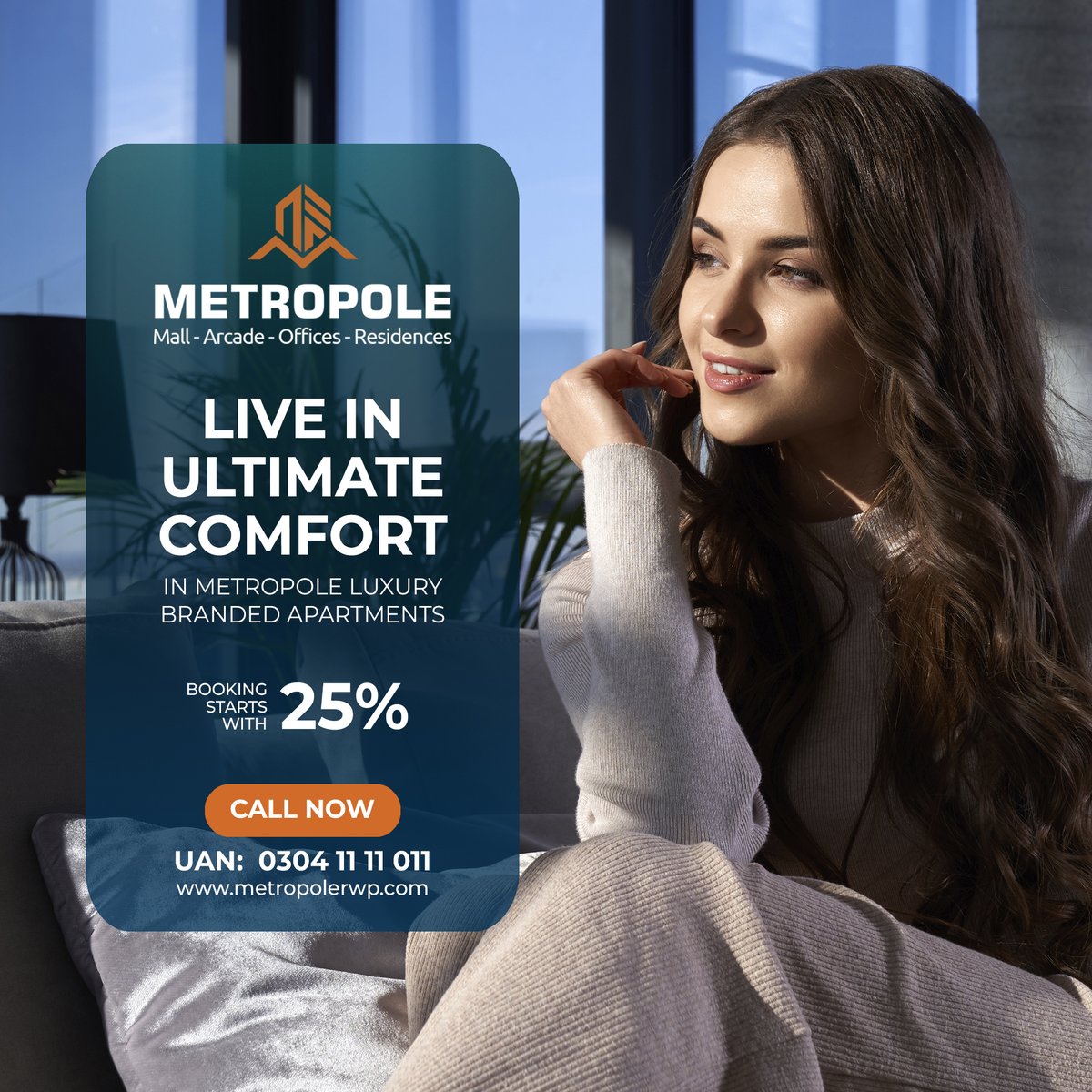 MetroPolepk's tweet photo. Welcome to our exclusive luxury apartments - where comfort meets elegance in the heart of Saddar, Rawalpindi. 

𝗖𝗮𝗹𝗹 𝘂𝘀 𝗻𝗼𝘄 𝘁𝗼 𝗯𝗼𝗼𝗸 𝘆𝗼𝘂𝗿 𝗹𝘂𝘅𝘂𝗿𝘆 𝗮𝗽𝗮𝗿𝘁𝗺𝗲𝗻𝘁! 
☎️ UAN: 0304 11 11 011 

#metropolesaddar #metropolerawalpindi #metropoleapartments https://t.co/S7S0otAjjF