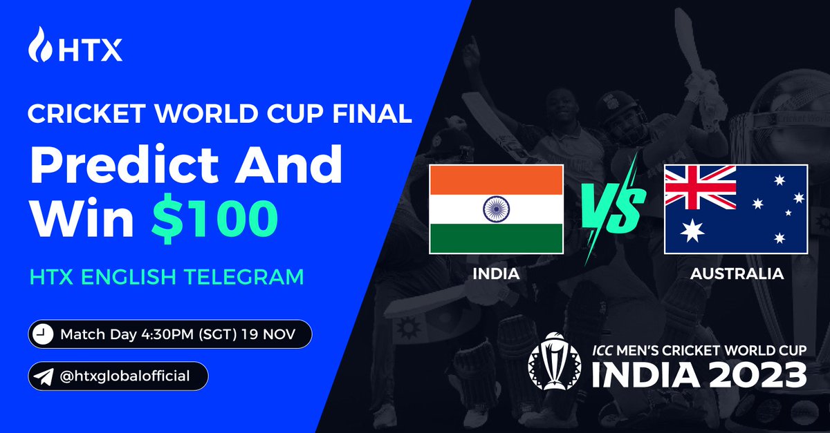 #CWC23 Final Prediction #Giveaway🏌️

✅ Follow <a href="/HTXCommunity/">HTX Community</a> <a href="/HTX_Global/">HTX</a>
❤️ RT + like + tag 2
 💯Make a prediction at #HTX English Telegram: t.me/htxglobaloffic…

#CricketWorldCup2023 #SAvAUS #INDvAUS