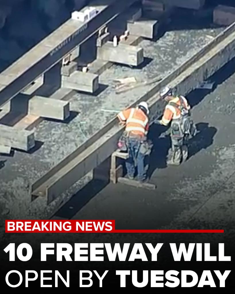 ABC7's tweet photo. After being closed in both directions due to a massive fire last weekend, the 10 Freeway is expected to be reopened "by Tuesday at the latest," Gov. Gavin Newsom announced https://t.co/2qoKHv6vLW https://t.co/oPL3hiz7Ng