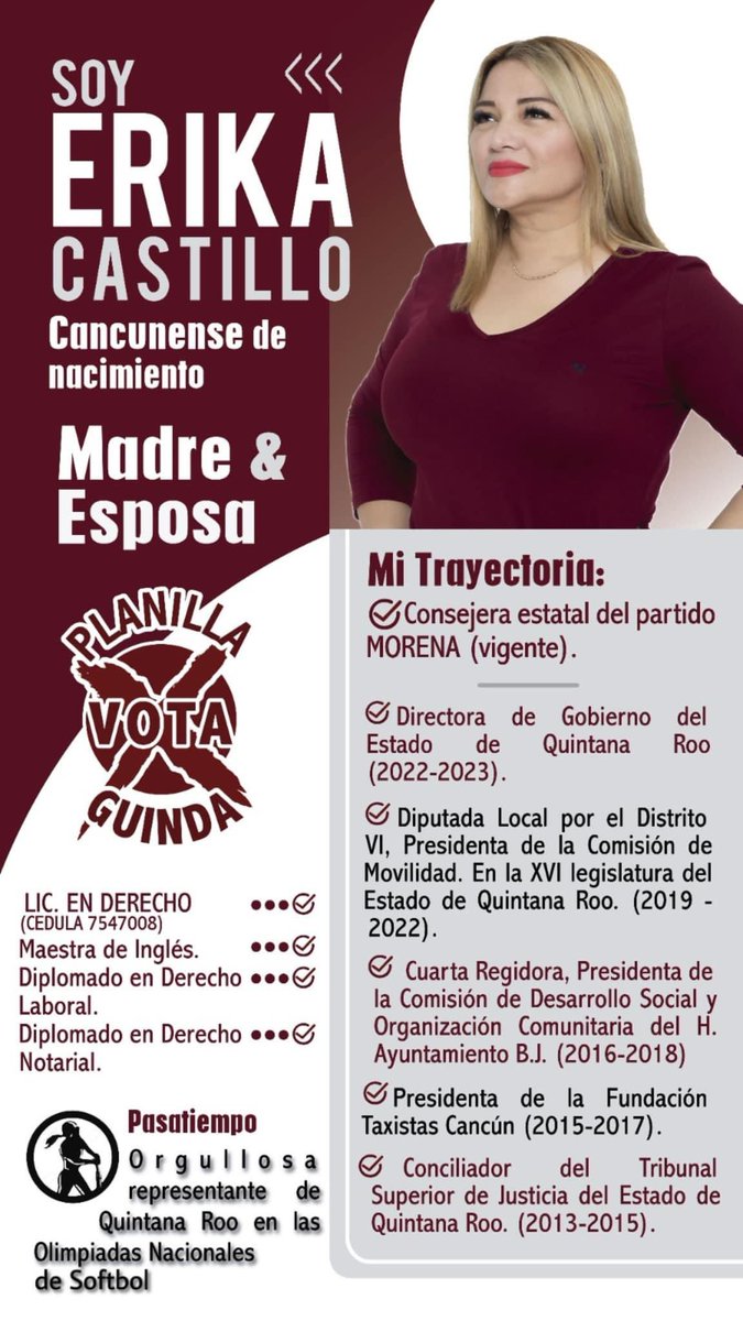 Les comparto un poco de mi trayectoria profesional y política. 
Recuerda este 25 de noviembre vota GUINDA vota erika castillo para la secretaria general del sindicato de taxistas Andres Quintana Roo. 🗳️🚕