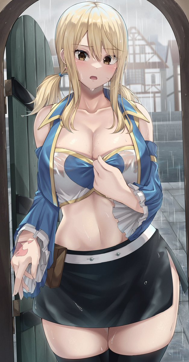 Lucy walking the building drenched completely in the rain. 'AH AH... m-made it...' She looks down noticing all her clothes are wet. 'Aww... all my clothes are ruined...'