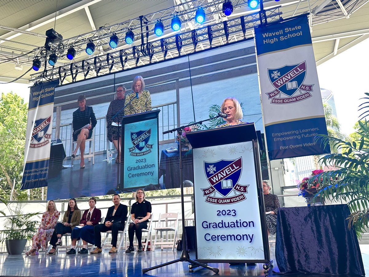 QldGovernor's tweet photo. Her Excellency attended the Wavell State High School Year 12 Graduation Ceremony at South Bank Piazza, congratulating the students and thanking those who guided them to academic and other achievement @WavellSHS https://t.co/73oxEcAS0s